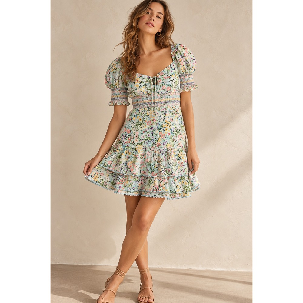 Alice+Olivia Crawford Sweetheart Puff Sleeve Dress 8 Floral Ruffle MSRP $395